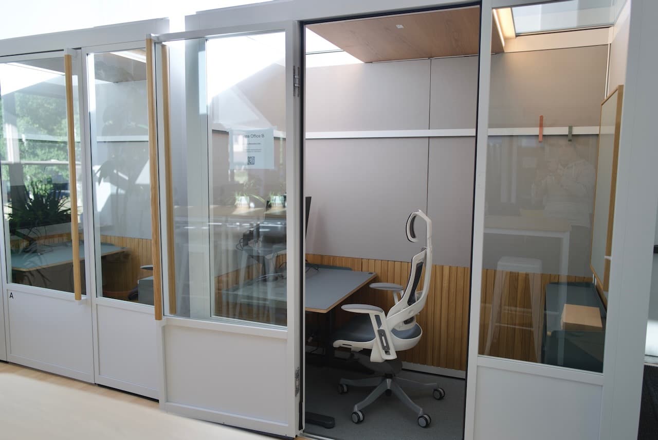 A private office for one person. Comes with a desk, a chair, and an external display with camera and light. Typically available for short-term bookings, this office can now be booked at the listed price, as long as the booking duration is an entire year.