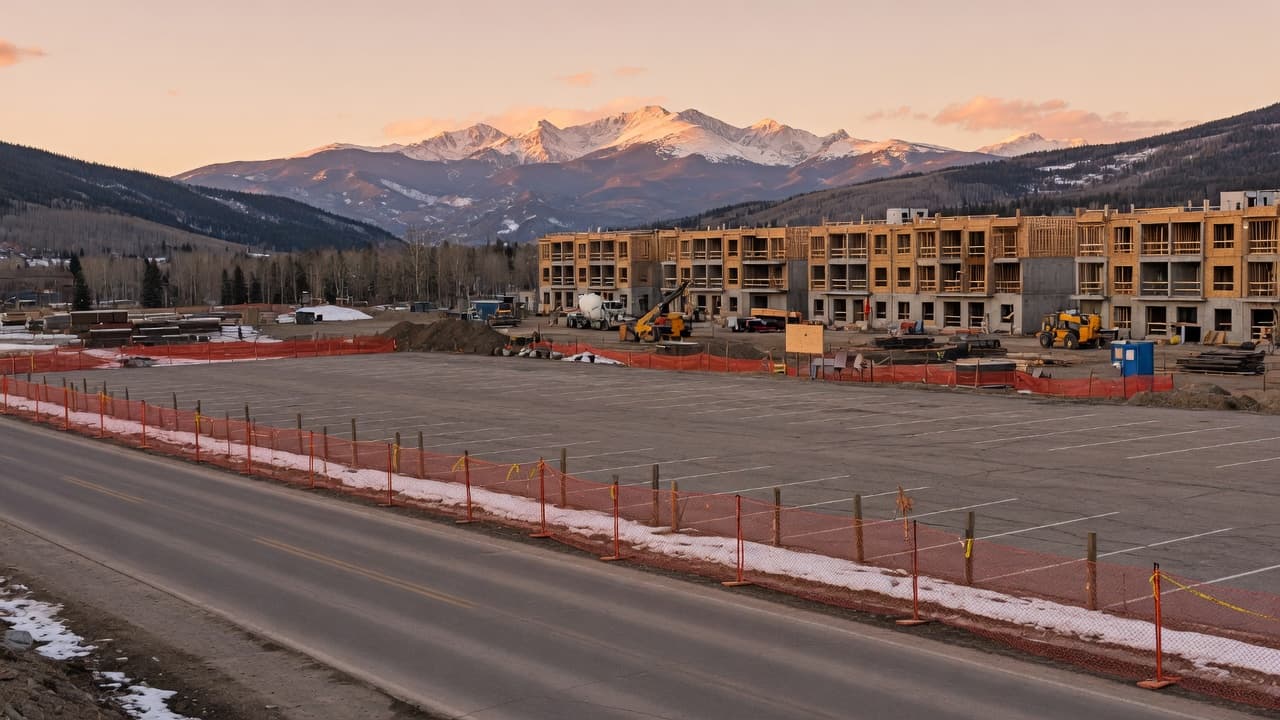 Closed public parking area along Airport Road in Breckenridge with workforce housing construction nearby
