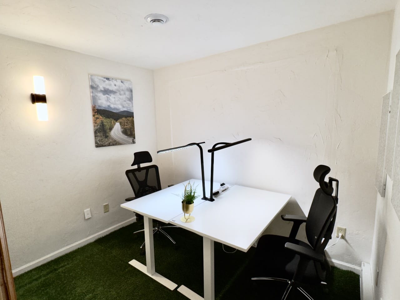 Office with 2 fully ergonomic sit-stand workstations and a large whiteboard. Seats 1-3. Great place if you need to bring a friend, a colleague, or a very large dog.