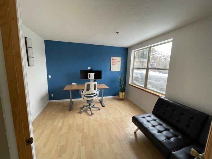 Definitely one of our nicer offerings. The office has enough room for 3-4 people. It's got enough room to dance, and comes with all the amenities just like the others: a desk, a comfy chair, external screen/camera/light, and a couch! This office also has a LAN connection so you get really high speed internet.